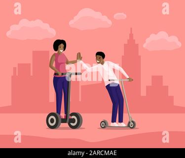 Garçon et fille à cheval scooters dans ville plate illustration vectorielle. Amitié, promenade en soirée, loisirs actifs, repos ensemble. Souriant sur des personnages de caricature électriques et de trottinettes de kick Illustration de Vecteur