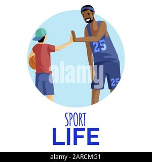 Illustration vectorielle plate Sport LIFE. Un joueur de basket-ball et un ventilateur qui offrent cinq en forme de cercle. Les athlètes, les sportifs, l'entraîneur et les personnages de dessin animé de petit joueur isolés sur fond blanc Illustration de Vecteur