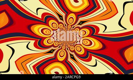 Mandala avec des éléments rayés de couleur formant les pétales et les cercles. Rendu tridimensionnel d'un arrière-plan hypnotique généré par ordinateur Banque D'Images