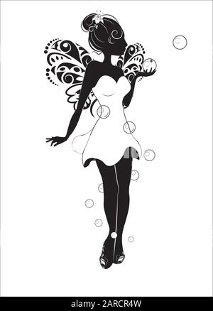 silhouette de fille de fées avec ailes en robe courte, bulles magiques. Motif dessin à la main style dessin animé, pour t-shirt, imprimé mode, galette Illustration de Vecteur