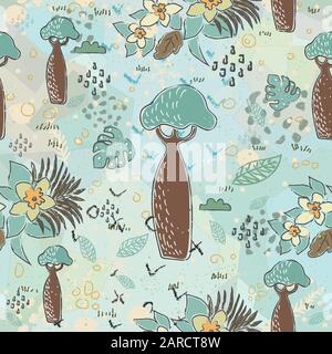 Modèle sans couture avec Baobabs et feuilles exotiques. Style scandinave. Vector Illustration Illustration de Vecteur