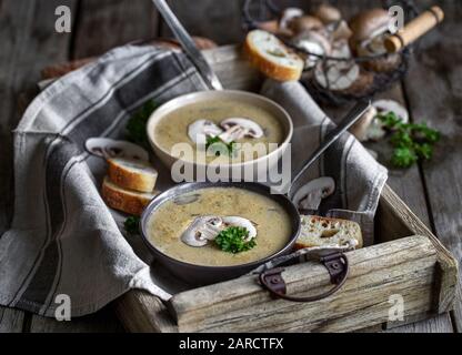 Délicieuse purée de soupe de mushrooum maison avec portobello et champignons sauvages sur une table rustique Banque D'Images