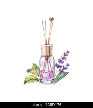 Aquarelle bouteille de recyclage parfum lavande. Liquide violet avec bâtonnets de bois. Spa et produits cosmétiques isolés sur blanc. Réaliste Banque D'Images