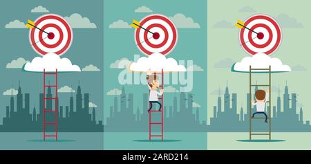 Escaliers à l'objectif. Un homme d'affaires en costume monte les escaliers jusqu'au sommet de la cible. Concept d'entreprise. Illustration vectorielle conception plate. Isolé en arrière-plan. Illustration de Vecteur