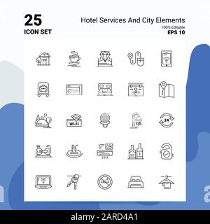 25 Services De L'Hôtel Et City Elements Icon Set. Fichiers EPS 10 modifiables à 100 %. Logo commercial concept Ideas Line Icon design Illustration de Vecteur