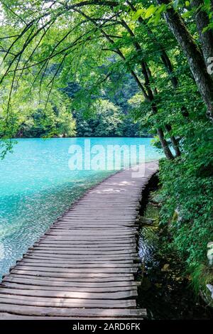 Allées en bois à côté des eaux turquoise dans le parc national des lacs de Plitvice en Croatie Banque D'Images