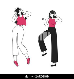 Danse des filles avec des écouteurs illustration vectorielle. Mouvements rythmiques à battre, bonne humeur, émotions positives. Jeunes femmes souriantes écoutant de la musique des personnages plats isolés sur fond blanc Illustration de Vecteur