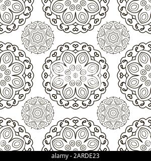 Motif caniche blanc et noir sans coutures, ornement ethnique. Arrière-plan abstrait dessiné à la main. Motifs Mandala Illustration de Vecteur