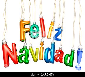 Feliz Navidad. Typographie De Noël. Boules de verre sur fond blanc. Message D'Accueil. Espagnol. Arrière-plan horizontal et blanc Banque D'Images