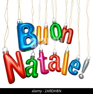 Buon Natale. Typographie De Noël. Boules de verre sur fond blanc. Message D'Accueil. Italien Banque D'Images