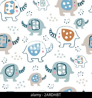 Motif sans coutures pour les enfants avec de jolis éléphants d'art. Illustration de Vecteur