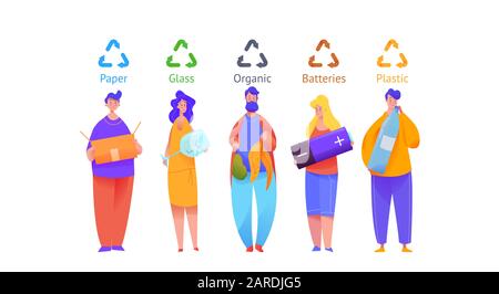 Le groupe de personnes trie les poubelles dans des bacs multicolores. Les hommes et les femmes tiennent des objets énormes dans leurs mains. Métaphore de la collecte des ordures. Plat Illustration de Vecteur