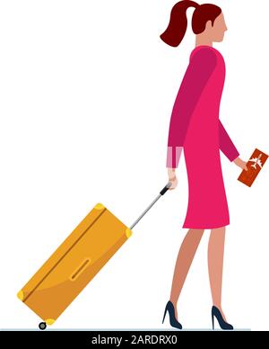 Jeune femme voyageur marchant avec une valise et un billet d'avion. Une femme en robe rose avec sac à bagages s'embarque à bord de l'avion. Illustration vectorielle du concept de voyage touristique Illustration de Vecteur
