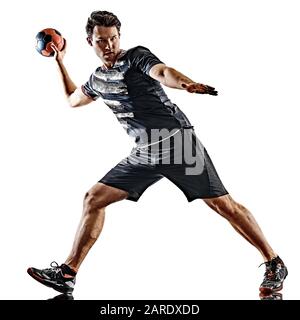 un jeune homme de joueur de handball caucasien dans le studio silhouette ombre isolée sur fond blanc Banque D'Images