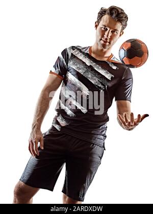 un jeune homme de joueur de handball caucasien dans le studio silhouette ombre isolée sur fond blanc Banque D'Images