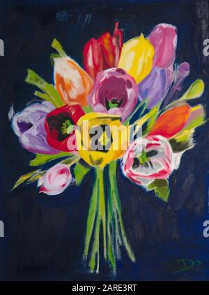 Bouquet de fleurs. Huile sur toile. Banque D'Images