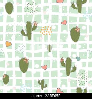 Avec motif transparent Cute green cactus, regroupées et des points cœurs sur du papier blanc arrière-plan. Vector Illustration Illustration de Vecteur