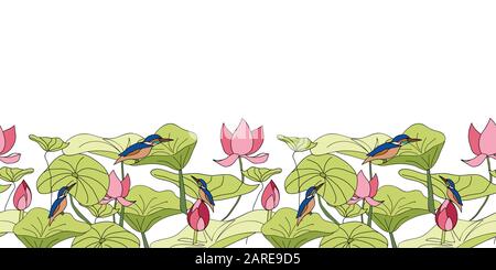 Kingfisher assis sur la bordure de lotus fleurs avec fond blanc transparent vecteur répéter. Conception De Répétition De Surface Illustration de Vecteur