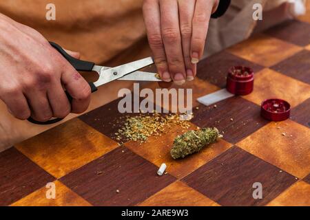 Gros plan de mains coupant finement une partie d'un bourgeon de cannabis avec des ciseaux se préparant à rouler un joint de marijuana sur une table à damier Banque D'Images