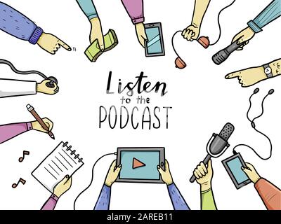 Hand drawn doodle mains style avec différents éléments, microphone, tablette, ordinateur portable. Concept de podcast, diffusion, enregistrement studio, le podcasting business. Vector illustration avec texte, lettrage place Illustration de Vecteur