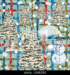 Motif d'hiver coloré décoré avec Bonhomme de neige, sapins et bunny dans la neige. Collection d'hiver. Vector Illustration Illustration de Vecteur