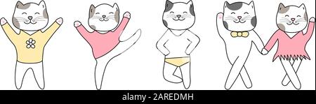 Ensemble de chats dansants mignons style dessiné à la main, Mignon dessin animé drôle de personnages animaux. Illustration de Vecteur