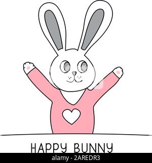 Petit lapin joyeux style dessiné à la main, Mignon dessin animé drôle animal personnage. Illustration de Vecteur
