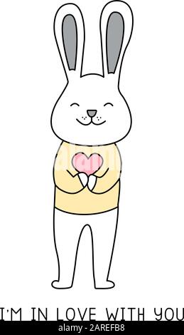 Joyeux lapin tenant un style coeur dessiné à la main, Mignon dessin animé drôle des personnages animaux. Illustration de Vecteur