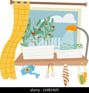 Lits avec plantules pour la culture de légumes sur la fenêtre dans l'appartement. Consommation environnementale. Ville agricole. Illustration de Vecteur