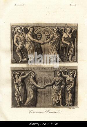 Ancienne cérémonie de mariage étrusque. La mariée et le marié se tiennent les mains de l’autre devant les portes qui ne sont ouvertes qu’après la fin de la cérémonie. En haut, ils sont soutenus par des figures ailées avec marteau et épée, et en dessous avec des femelles ailées avec des torches. Cerimonie nunziale. Gravure en copperplate de couleur à la main par Corsi des costumes de Giulio Ferrario anciens et Modernes des peuples du monde, il Costume Antico e Moderno, Florence, 1843. Banque D'Images