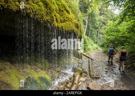 Les randonneurs, les Moss couvraient les rochers et la cascade, la gorge de Wutach, Bonndorf, Bade-Wuerttemberg, la Forêt Noire, Allemagne Banque D'Images