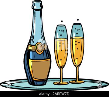 Une bouteille de champagne avec des verres sur un plateau Celebration Illustration de Vecteur