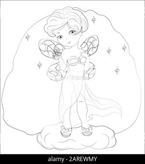 Livre de coloriage petite princesse de fée de nuit avec poussière d'étoile magique. Photo en dessin à la main style dessin animé, pour la chambre des enfants, carte de vœux, carte postale. B Illustration de Vecteur