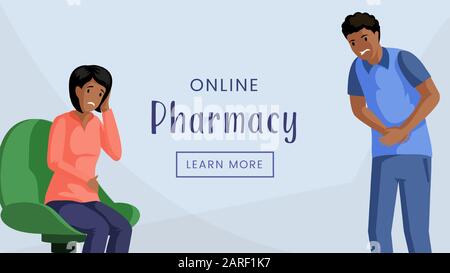 Modèle vectoriel de bannière Web de pharmacie en ligne. Internet pharmacie, services médicaux modernes publicité affiche concept. Les personnes souffrant de maux de tête et de douleurs abdominales ont une illustration plate avec typographie Illustration de Vecteur