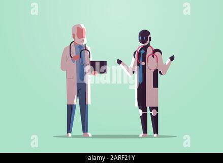 robot et médecins humains discutant au cours de la réunion de caractère robotique vs homme avec stéthoscope debout ensemble santé intelligence artificielle concept plat pleine longueur horizontale illustration vectorielle Illustration de Vecteur