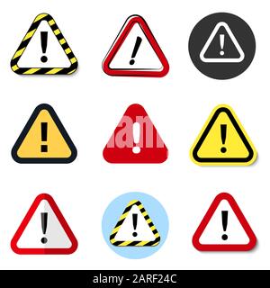 Signes d'attention définis. Collection de symboles d'alerte de mise en garde. Illustration du vecteur d'exclamation Illustration de Vecteur