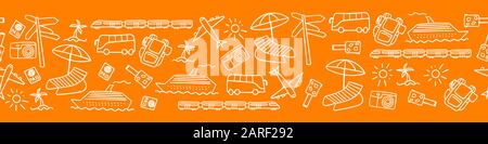 Bordure horizontale transparente avec icônes de déplacement tracées à la main. Répétition avec des objets de contour blanc isolés sur un arrière-plan orange. Illustration vectorielle. Illustration de Vecteur