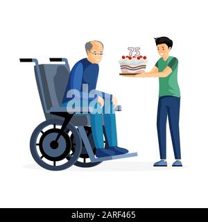 Illustration vectorielle plate de célébration anniversaire. Un vieil homme heureux en fauteuil roulant et un enfant avec des personnages de dessin animé de gâteau. Petit-fils félicitant le grand-père de son anniversaire, de ses soins familiaux et de son soutien Illustration de Vecteur