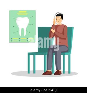 Guy avec illustration vectorielle plate de mal à dents. Jeune homme avec maladie des dents, personnage de bande dessinée de patient de clinique dentaire. Maladie de la cavité buccale, traitement des problèmes médicaux, élément de conception de stomatologie Illustration de Vecteur