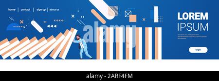 homme d'affaires souligné arrêt effet domino gestion de crise réaction financement intervention prévention des conflits concept horizontal copie pleine longueur illustration vectorielle espace Illustration de Vecteur