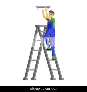 Illustration vectorielle plate de lampe de montage réparable. Un électricien de sexe masculin et gai se tenant sur un personnage de dessin animé à échelle de marche. Handyman dans la lampe de fixation uniforme au plafond isolé sur fond blanc Illustration de Vecteur