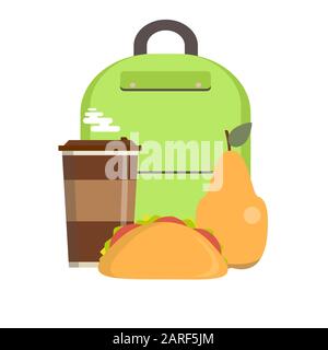 Boîte de déjeuner de l'école. Sac repas pour enfants avec sandwich, fruits et autres aliments. Icônes de déjeuners scolaires pour enfants dans un style plat. Illustration de Vecteur