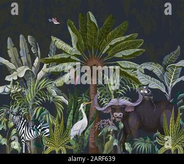 Border avec du taureau et d'autres animaux dans la jungle. Vecteur. Illustration de Vecteur