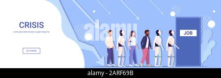 robot vs hommes d'affaires candidats se tenant en file d'attente à porte bureau embauche emploi automatisation des affaires concept d'intelligence artificielle horizontal pleine longueur copie espace illustration vectorielle Illustration de Vecteur