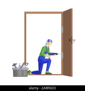 Illustration du vecteur de porte de fixation du réparateur. Charnière de porte de montage professionnel à l'aide d'un personnage de dessin animé pour perceuse électrique. Jeune charpentier, artisan au travail isolé sur fond blanc Illustration de Vecteur