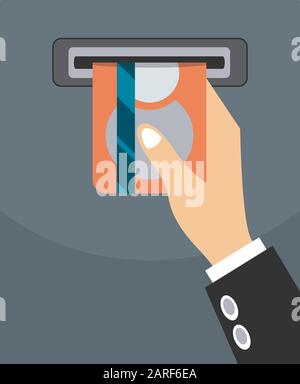 Carte de crédit de l'emplacement ATM. Concept d'utilisation du terminal ATM. Pousser la carte de crédit dans l'emplacement de la machine ATM et obtenir de l'argent Illustration de Vecteur