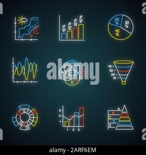 Jeu d'icônes de graphique et de graphique au néon. Carte de température. Histogramme vertical. Diagramme circulaire. Graphique en entonnoir. Diagramme de Venn. Graphique Sunburst. Tableau mixte. Pyram Illustration de Vecteur