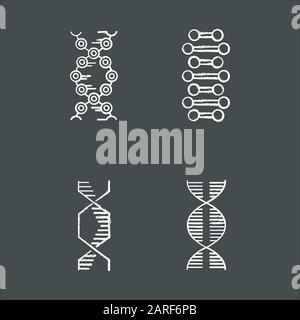 Jeu d'icônes de craie de chaînes en spirale d'ADN. Désoxyribonucléique, hélice d'acide nucléique. Brins de spirales. Chromosome. Biologie moléculaire. Code génétique. Génétique. Moyenne Illustration de Vecteur
