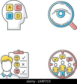 Les icônes de couleur des méthodes de sondage sont définies. Analyse. Entretien. L'opinion émotionnelle. Population cible. L'opinion publique. Test de personnalité. Révision par le client. Commentaires Illustration de Vecteur