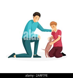 Les personnes jouant avec l'illustration vectorielle de chien. Homme adulte et petit garçon, parent et enfant joyeux avec des personnages de dessin animé de chien. Père et fils adoptant un chiot mignon, activité caritative, enfance heureuse Illustration de Vecteur